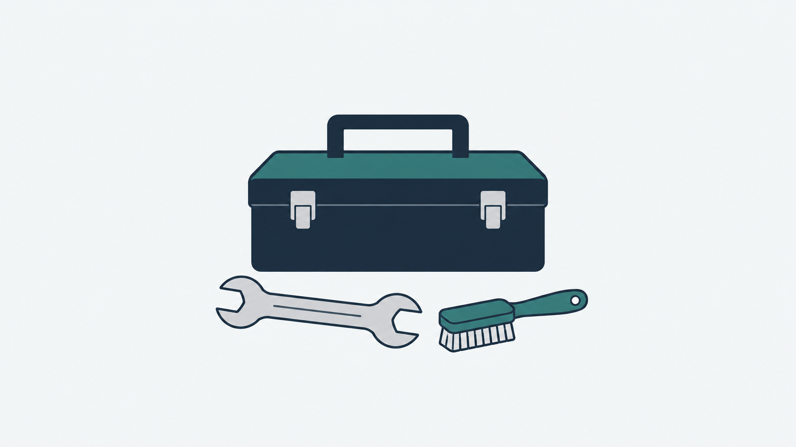 出張メンテナンスをイメージした工具箱と整備工具のイラスト。